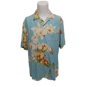 Tommy Bahama Blue Hibiscus Floral 100% Silk Hawaiian Shirt Short Sleeve Size XL